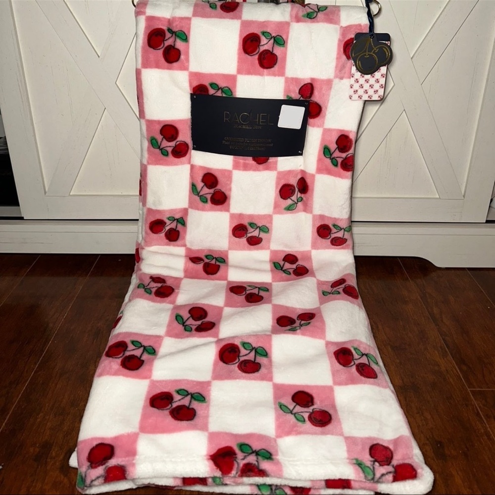 Rachel Roy Pink Checkered Cherry Plush Throw Blanket